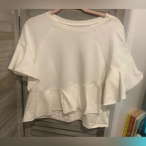 Cinq à Sept Soft White Ruffle Cropped Raw Edge Sweatshirt